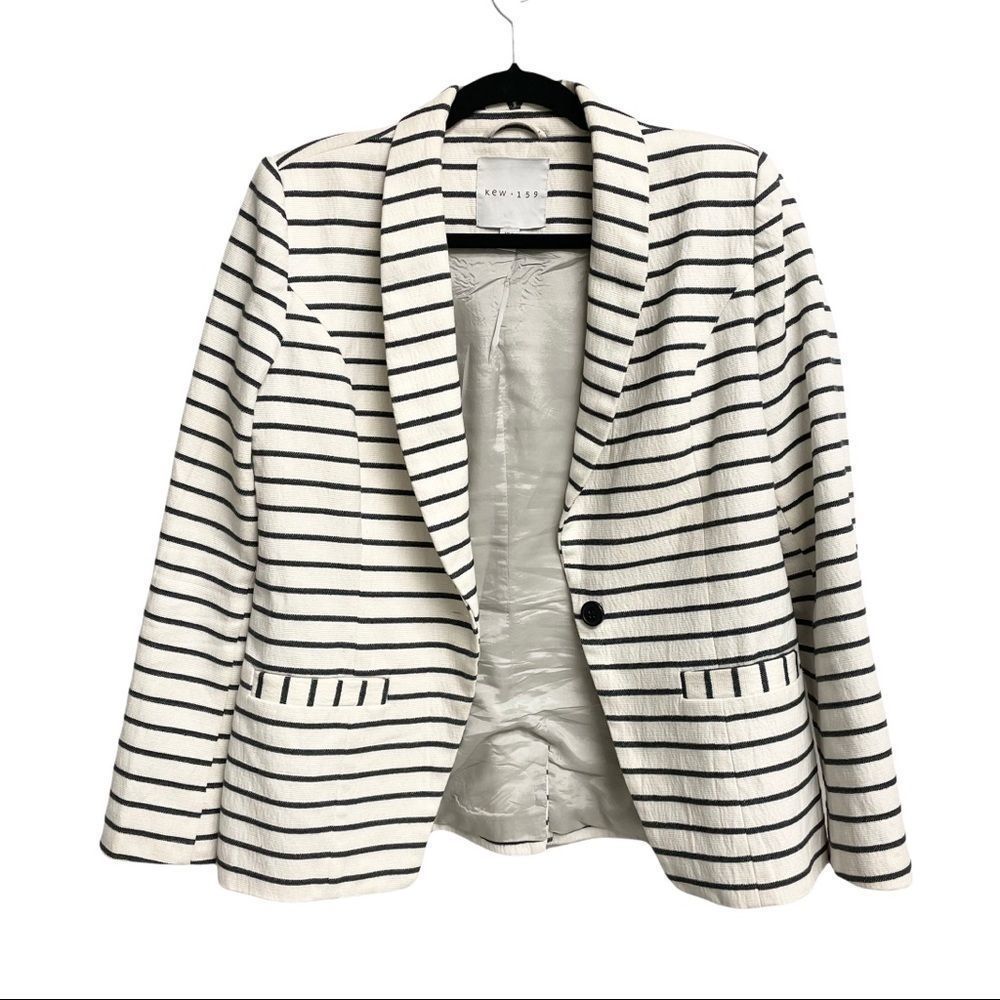 (SOLD) JIGSAW KEW 159 Striped Button Front Blazer Jacket Cram Ivory Navy Blue 8 - Picture 1 of 5